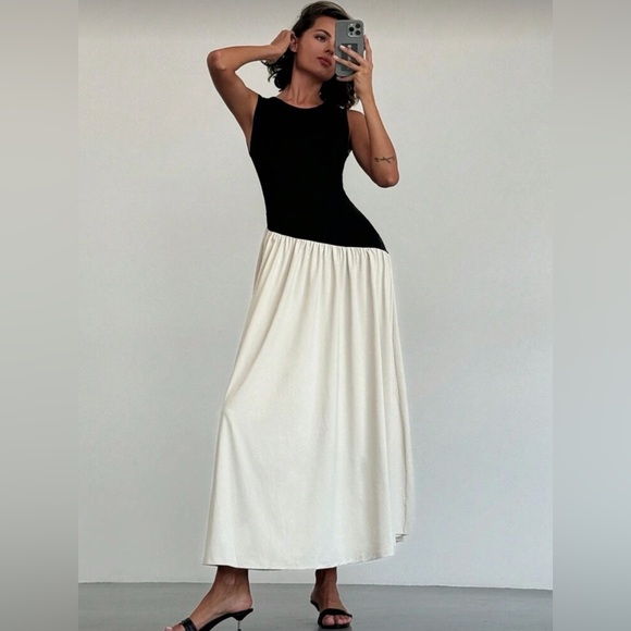 Boutique Dresses & Skirts - Black and Cream Asymmetrical Drop Waist Maxi Dress Minimalist Chic Style